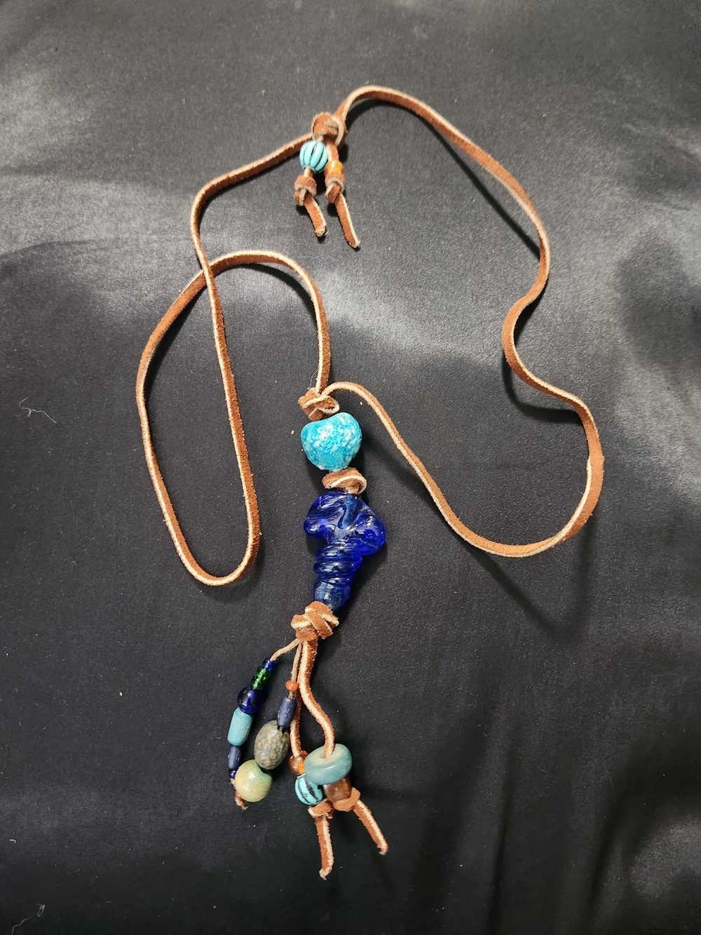 Bohemian Brown Leather Necklace with Turquoise & Cobalt Glass Blue Beads